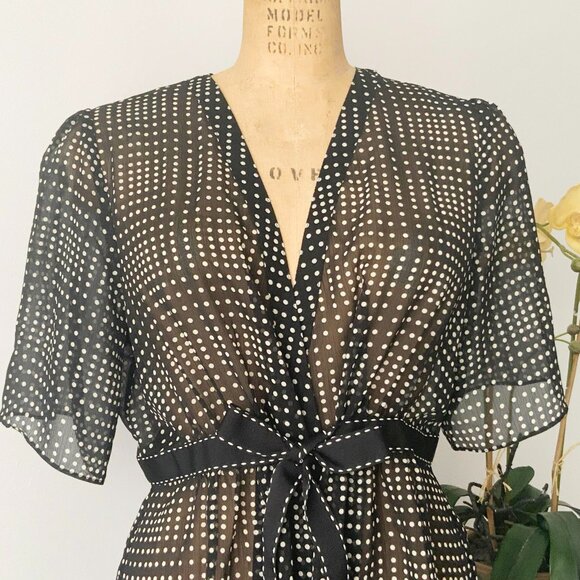 AXCESS Size 14 Semi See Through Black and White Polka Dots Polyester Waisted Top - Picture 8 of 13